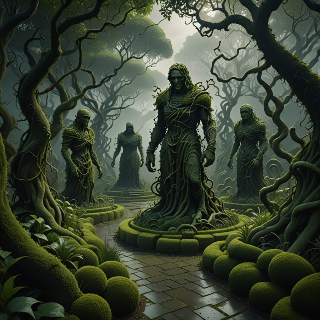 Creepy Garden Maze with Hidden Statues