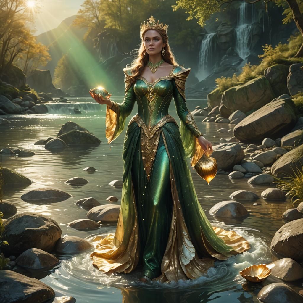 Mysterious River Queen with Golden Eyes, Digital Art