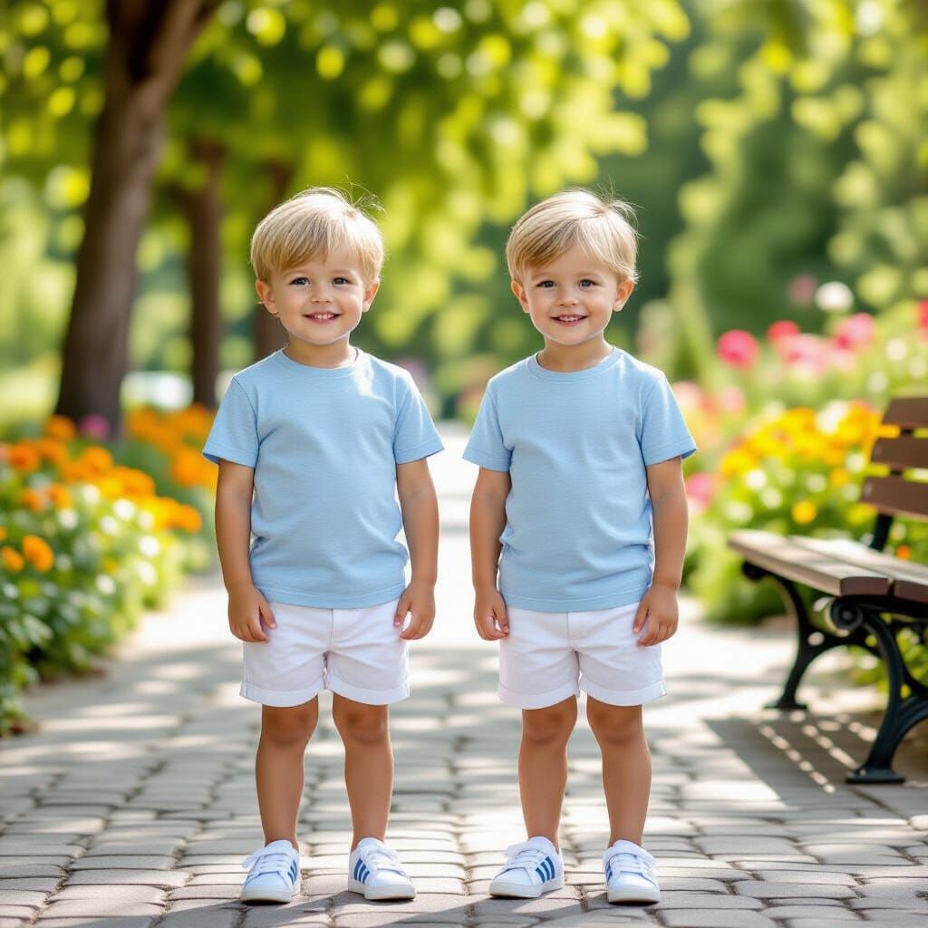 Twin Boys in Summer Outfits, Digital Painting