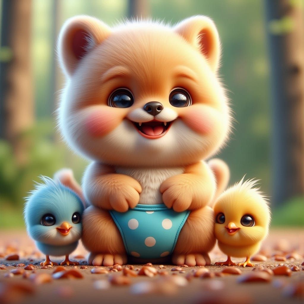 Ginger Pomeranian Puppy with Chicks, Children's Book Illustr...