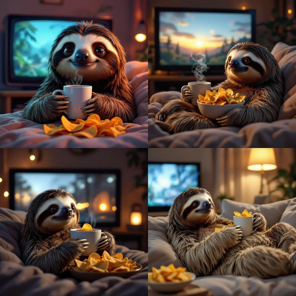 Female Sloth Relaxing with Coffee and Chips