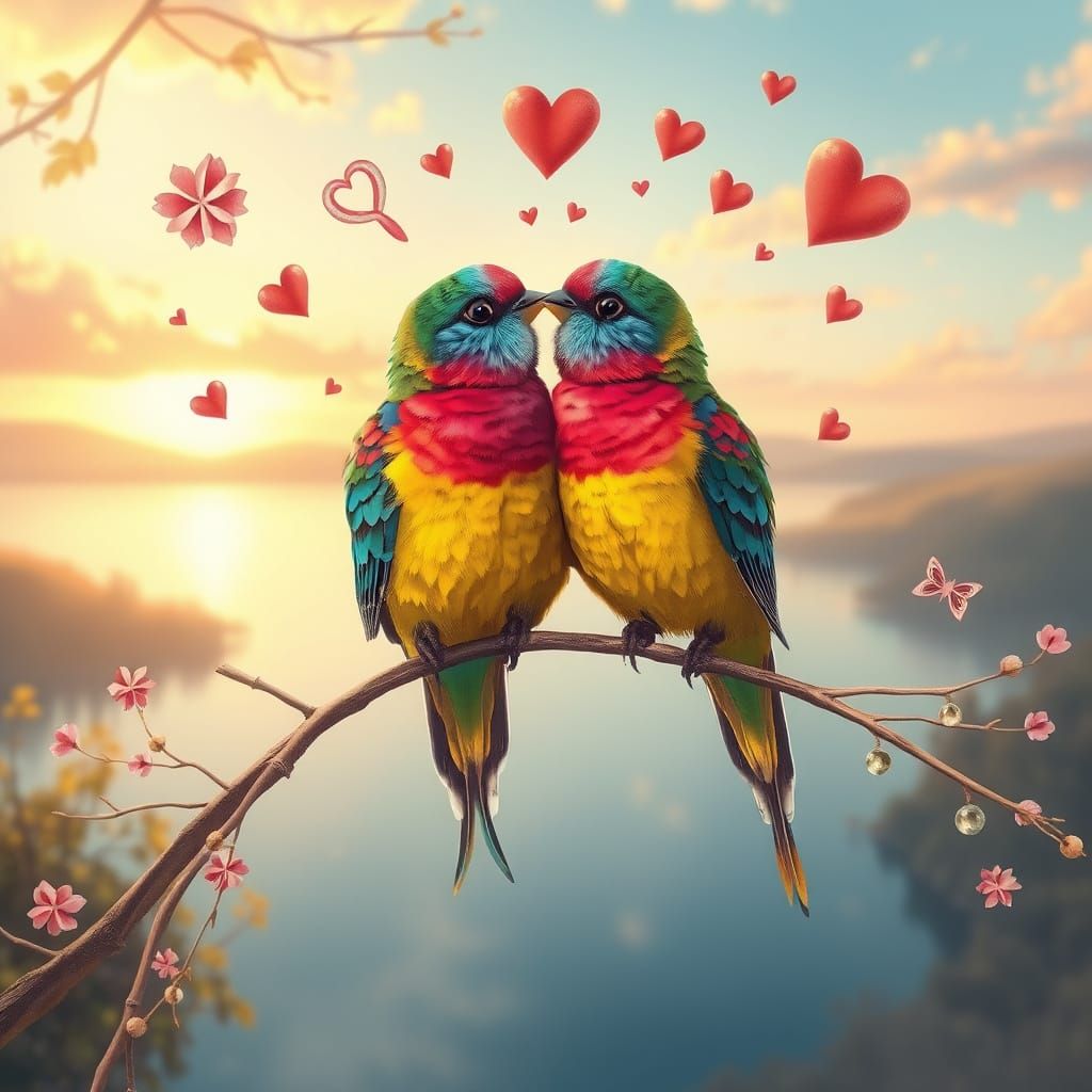 Love Birds in Whimsical Serene Lake Landscape
