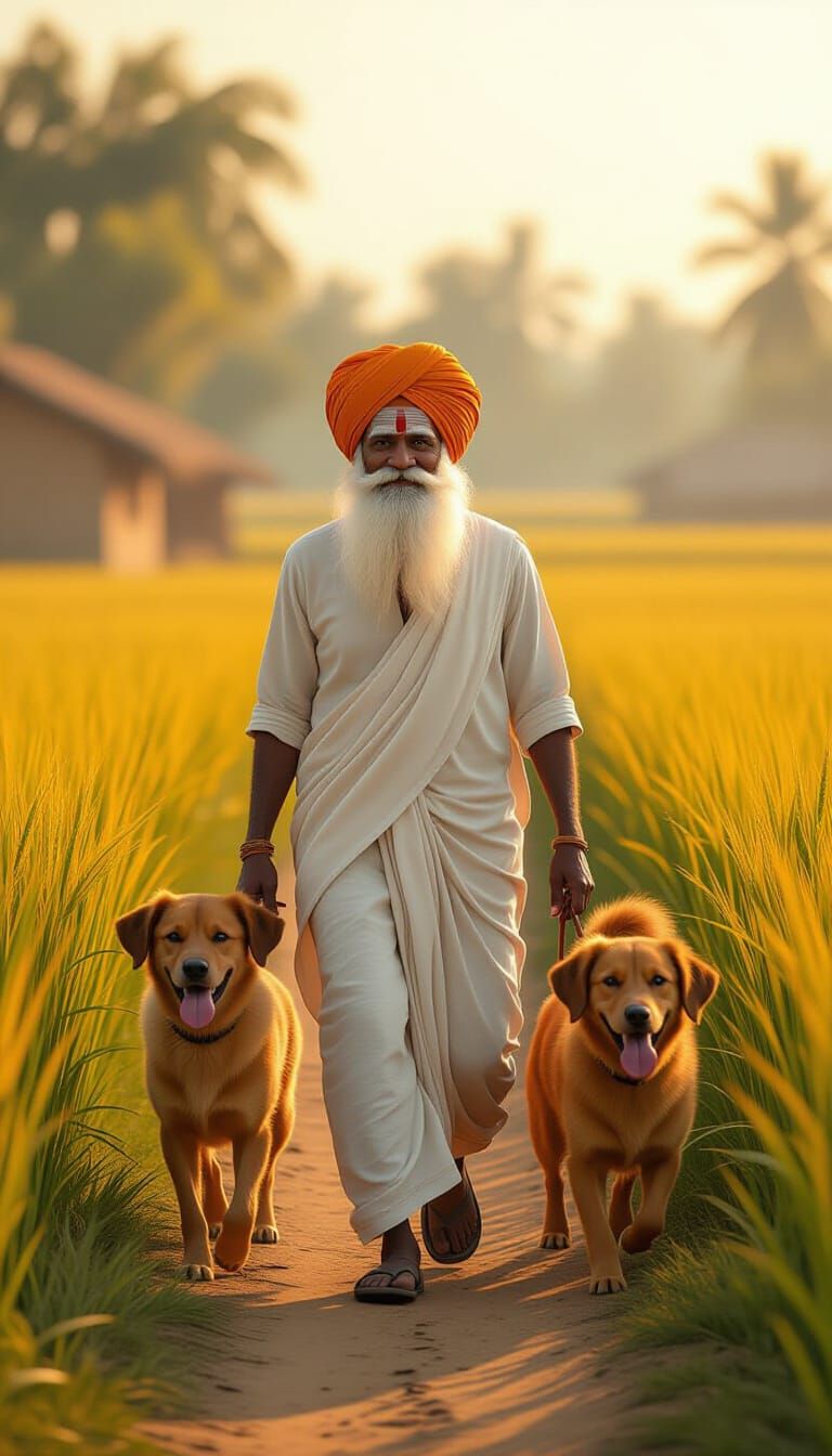 Indian Farmer and Dog in Rural Village: 3D Cartoon