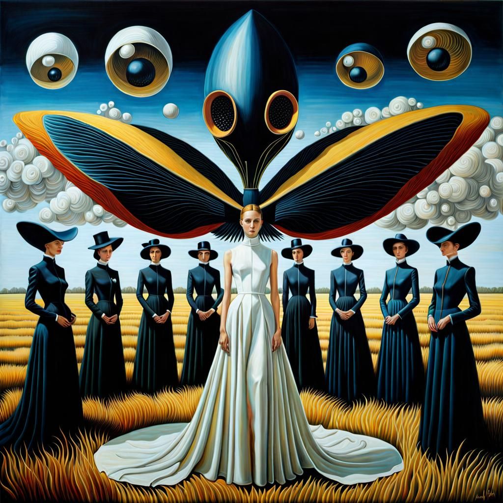 Surreal Fashion Show in Alien Field, Maximalist Oil Painting