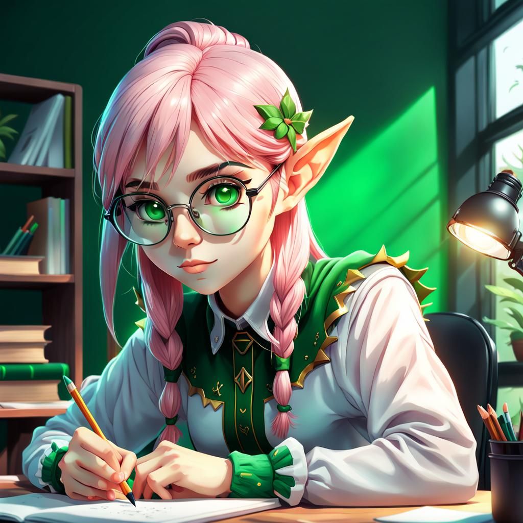 Anime Elf Girl Studying with Pink Hair