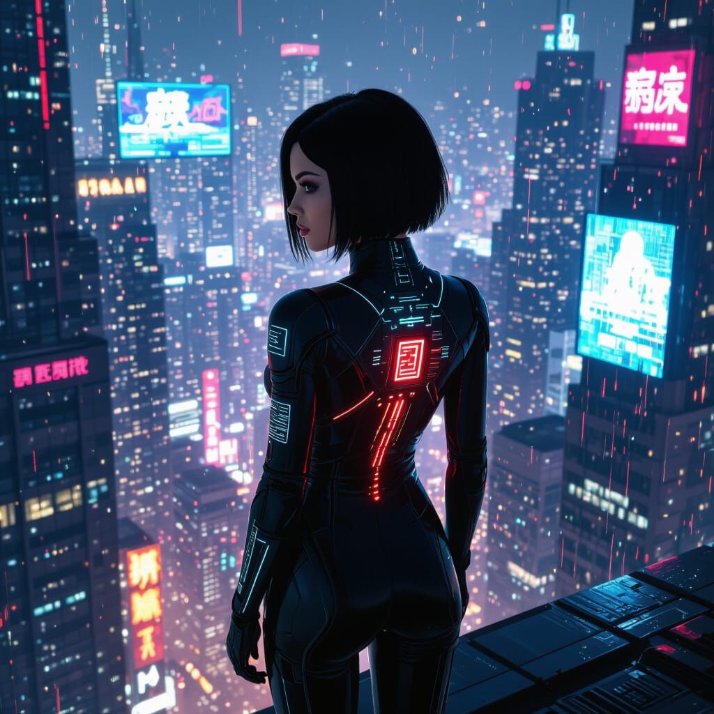 Woman on Skyscraper Edge in Cyberpunk Style