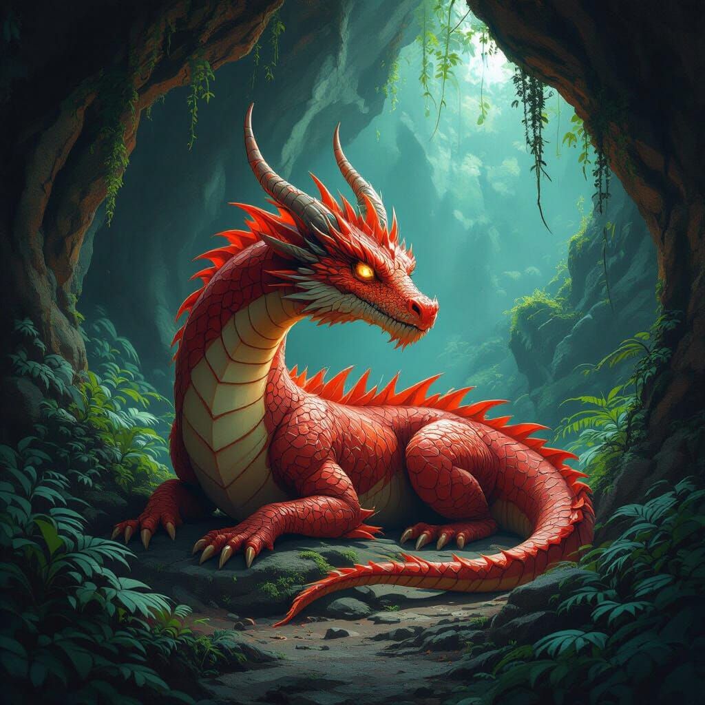 Majestic Fire Dragon Resting in Mystical Forest Cave