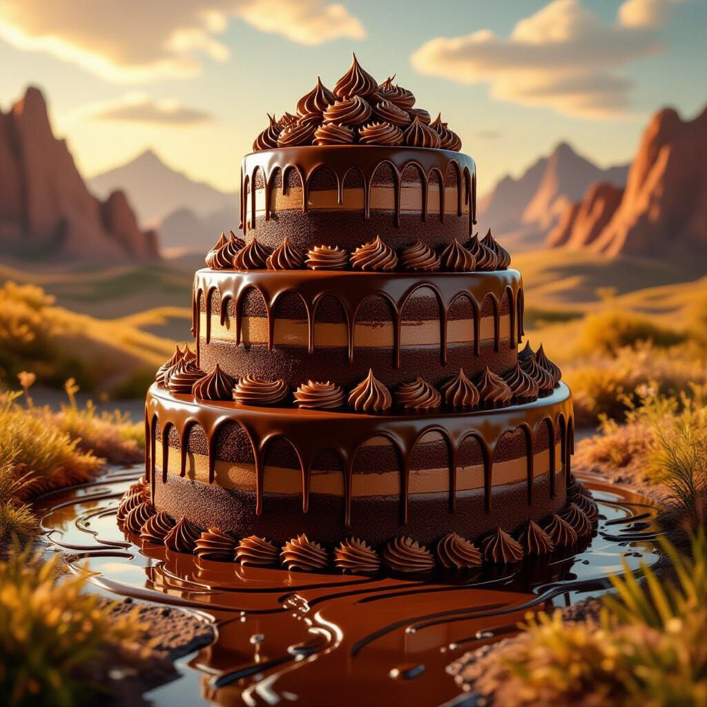 Colossal Chocolate Cake Drips Ganache on Fantastical Landsca...