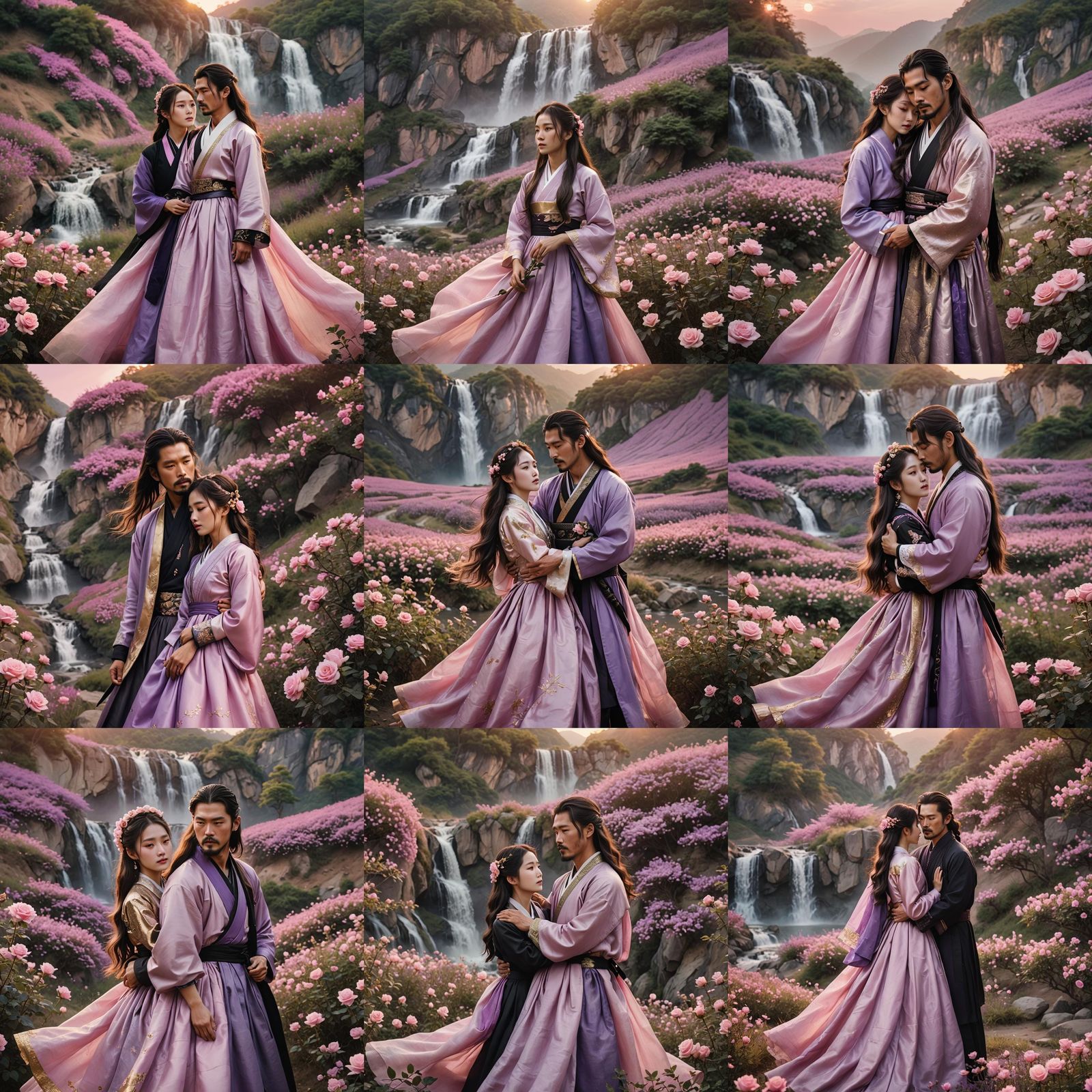 Romantic Embrace in Rose Field: Cinematic Film Still