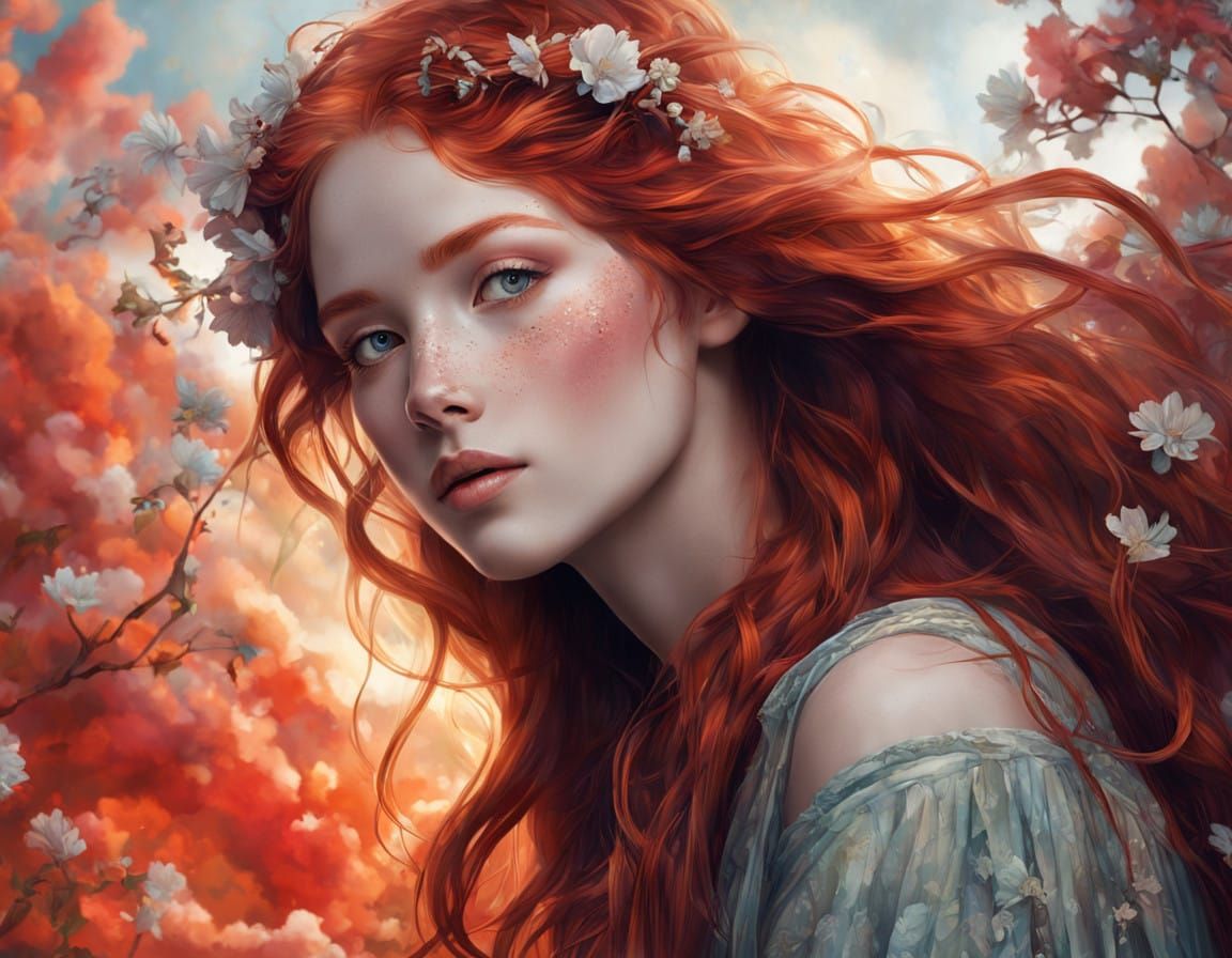 Fiery Red Haired Maiden with Whimsical Clouds