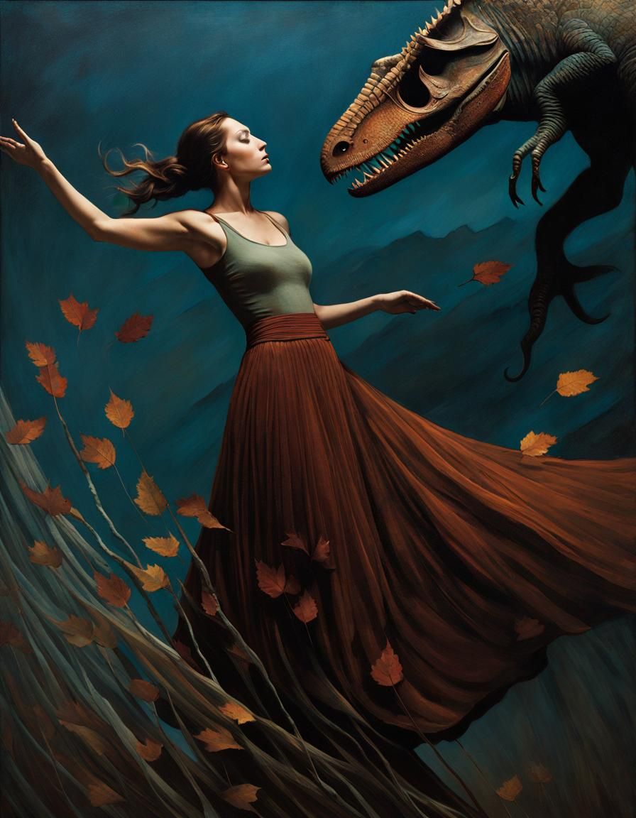 Woman's Air Dance with Dinosaur in Medieval Style