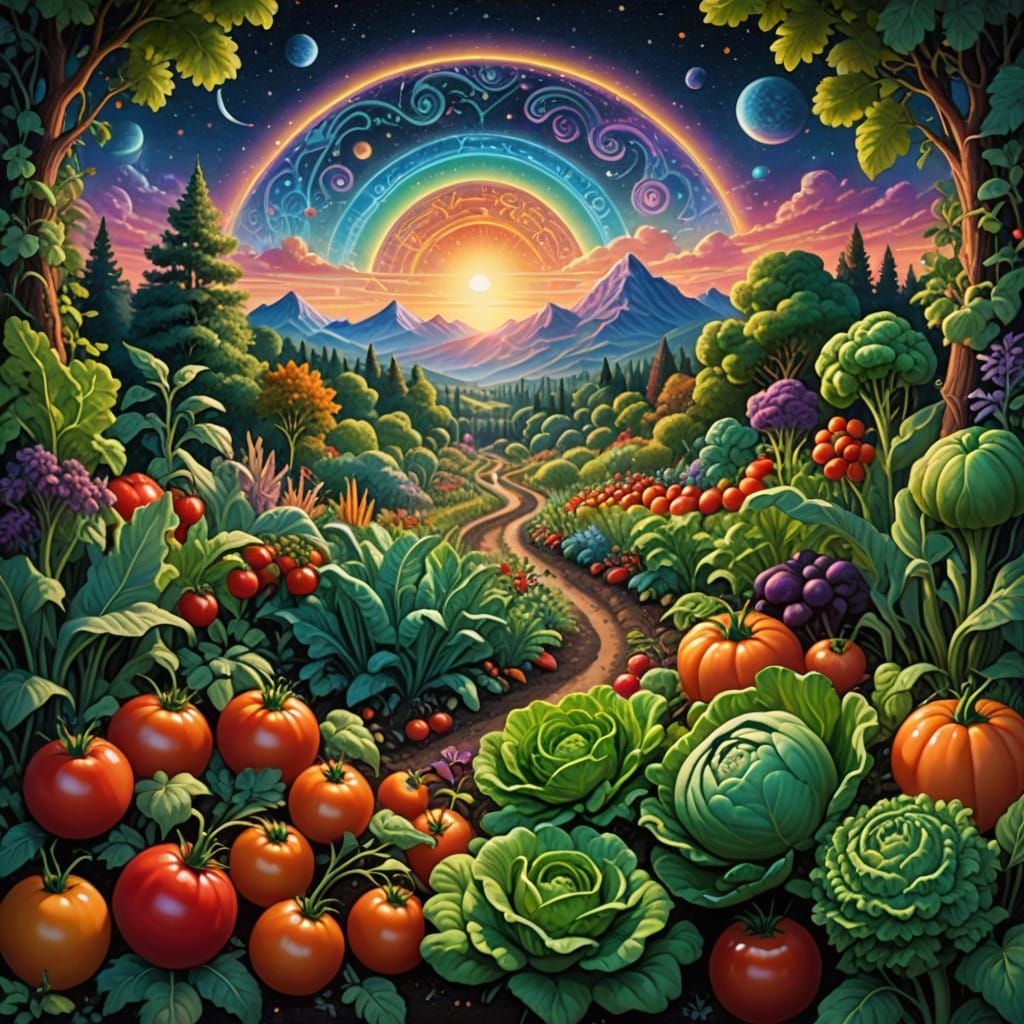 Surrealist Vegetable Garden Blooms at Dawn in Cosmic Style