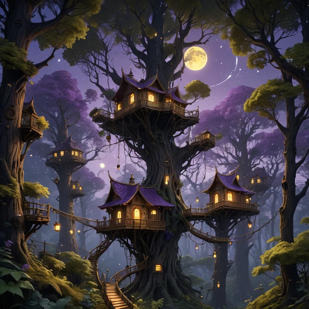Fantasy Forest with Treehouses and Three Moons