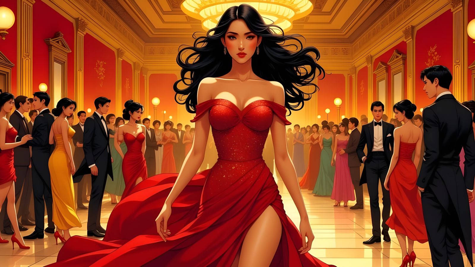 Japanese Supermodel in Red Sequined Dress