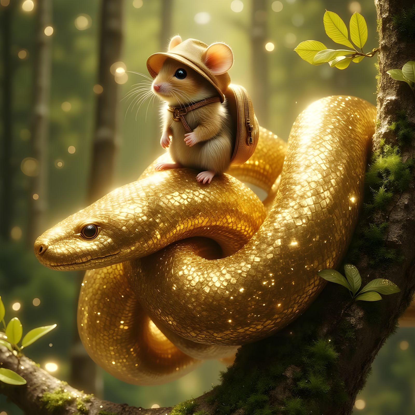 Mouse and Gold Python on Branch at Golden Hour