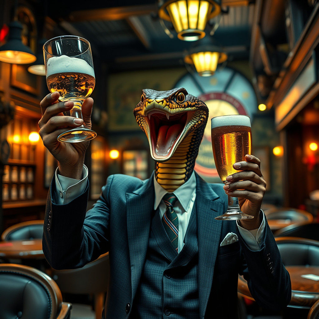 King Cobra in Business Suit Enjoys a Beer