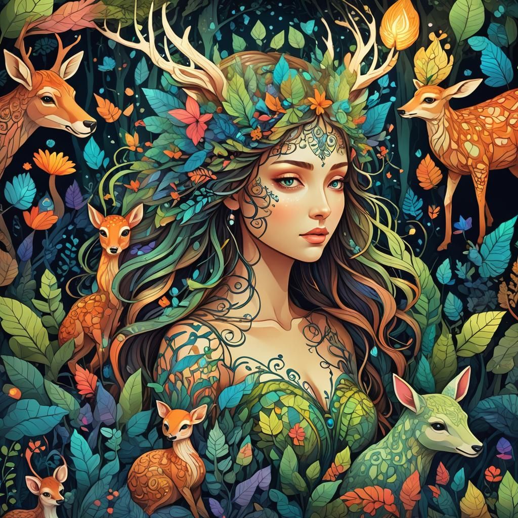 Nymph with Forest Animals in Magical Woods