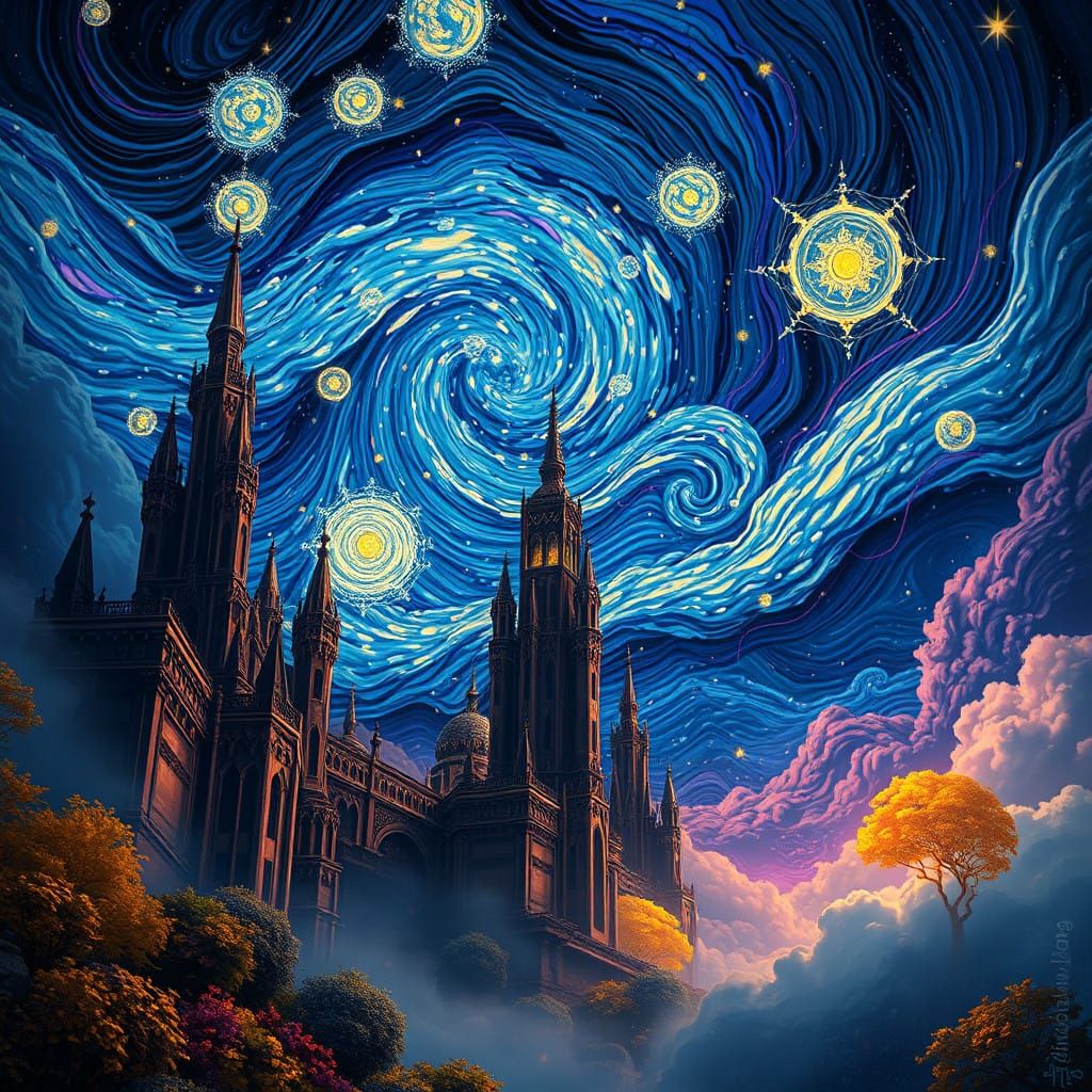 Gravity-Defying Fantasy Realm in Cyberpunk Aesthetic