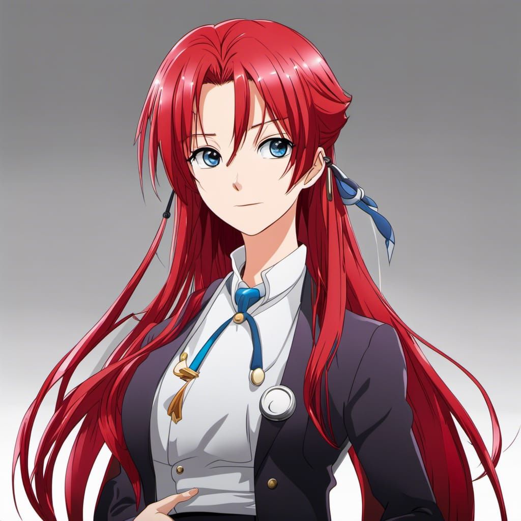 Anime Portrait: Red-Haired Woman with Amethyst Eyes