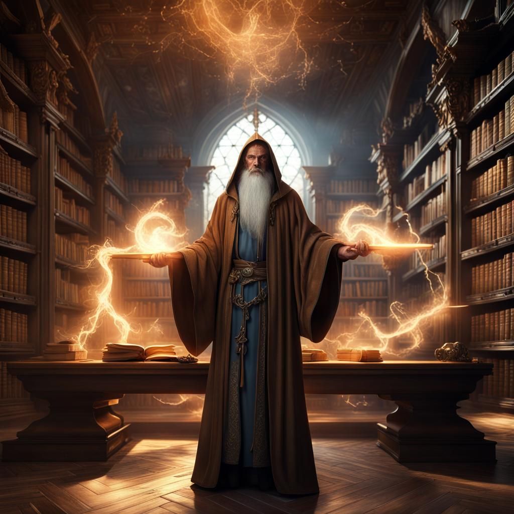 Mystical Library: Ancient Sorcerer with Magical Staff