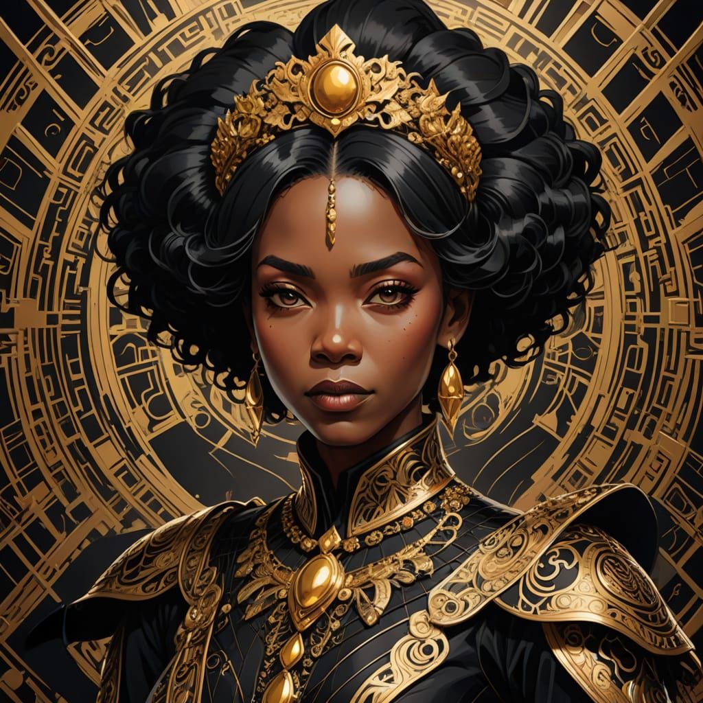 Regal African Queen in Elegant Black and Gold Attire
