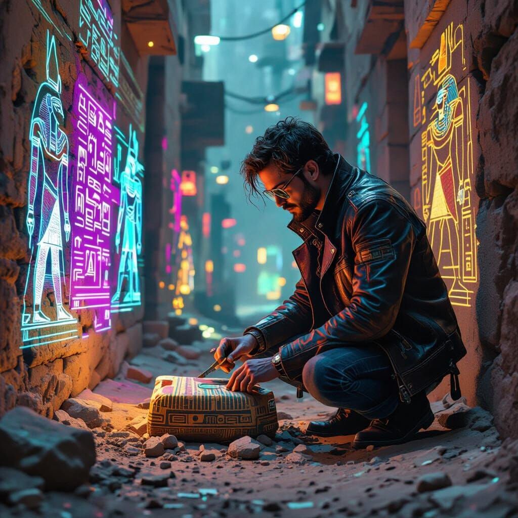 Cyberpunk Archaeologist Unearths Egyptian Relic in Neon Cair...