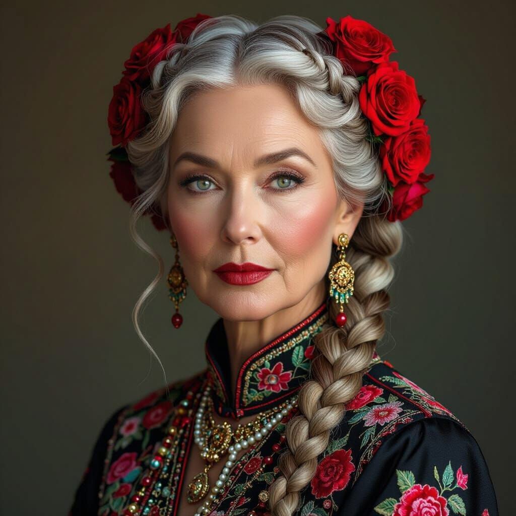 Woman with Braided Roses in Ornate Embroidered Outfit