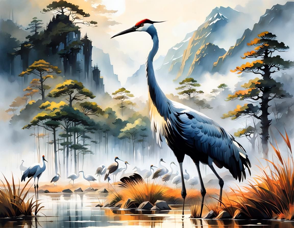 Crane in Wetlands: Watercolor Calligraphy and Oil Painting