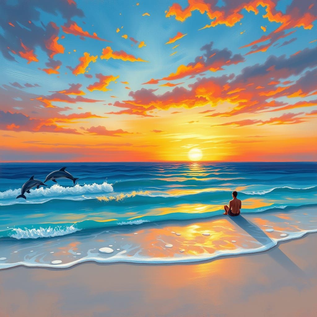 Serene Sunset Beach with Dolphins, Impressionistic Style