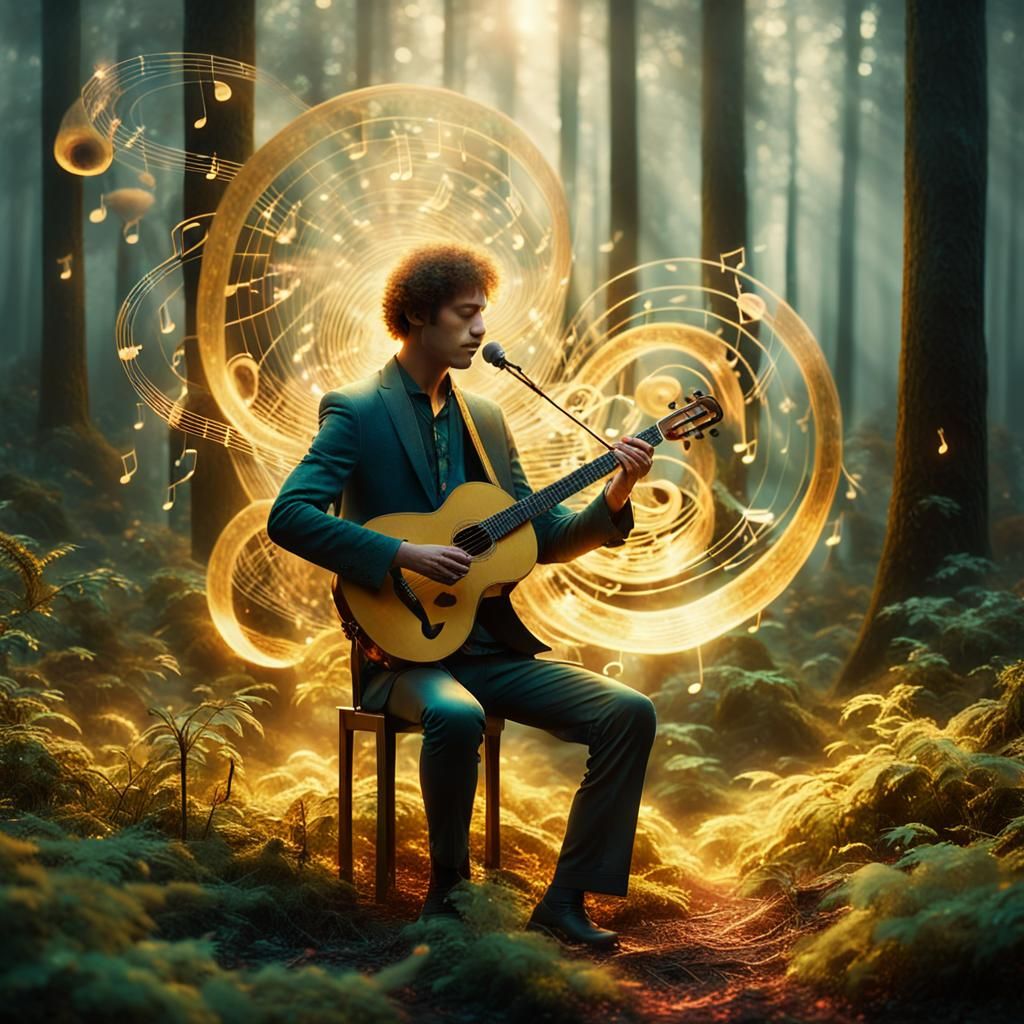 Musician Plays Glowing Instrument in Fantasy Forest