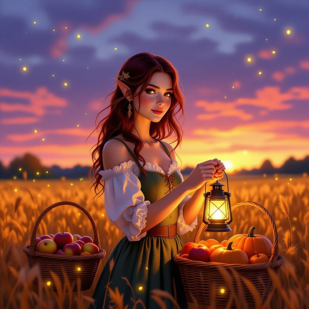 Elf Woman in Luminous Autumn Twilight Field