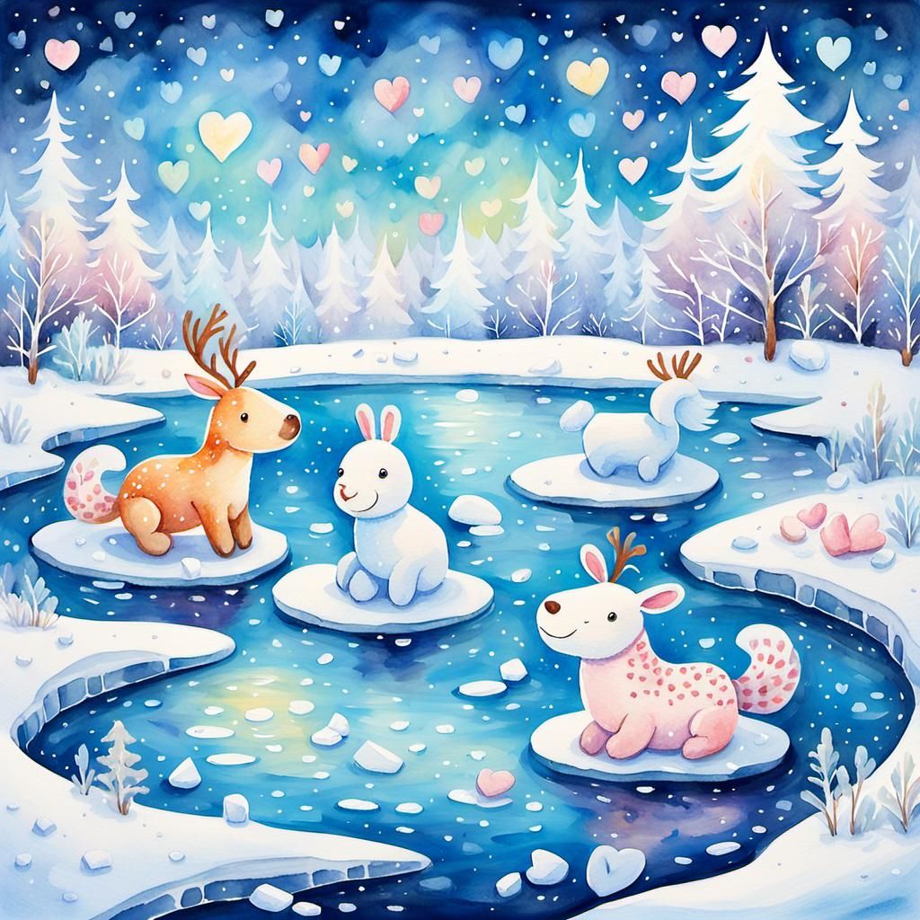 Whimsical Watercolor Winter Wonderland Scene