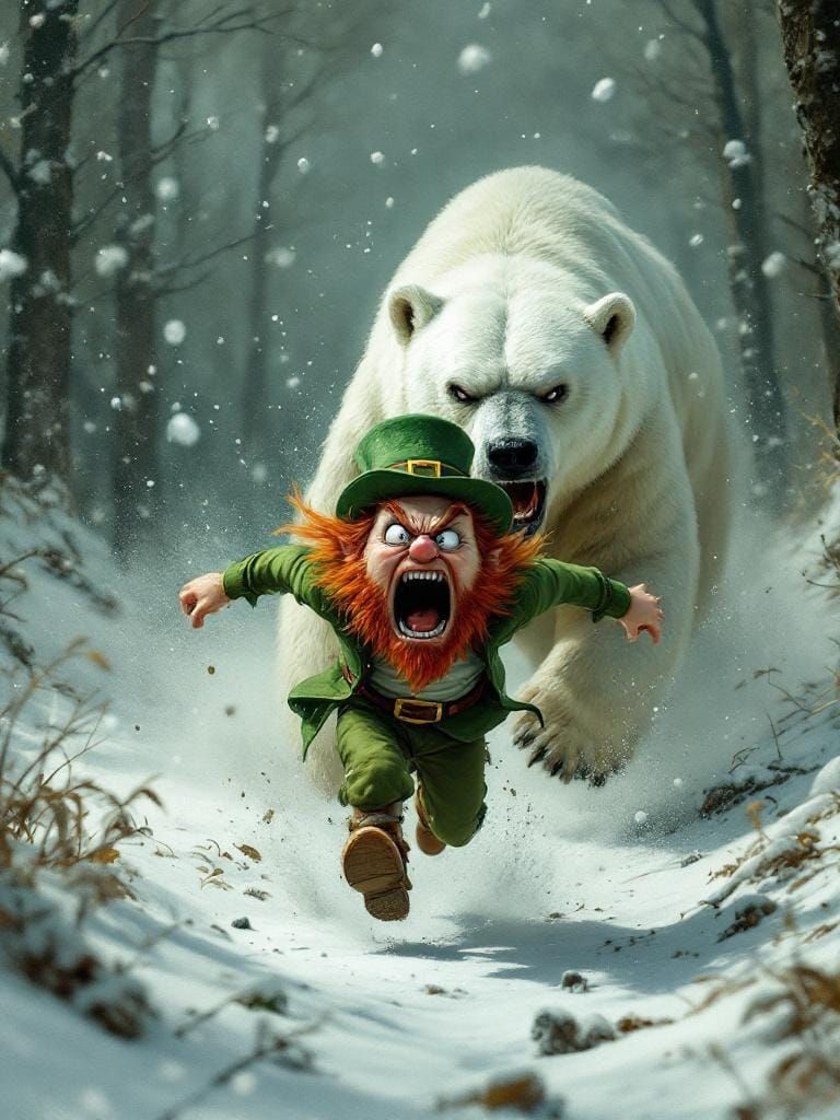 Terrified Leprechaun Running from Angry Polar Bear