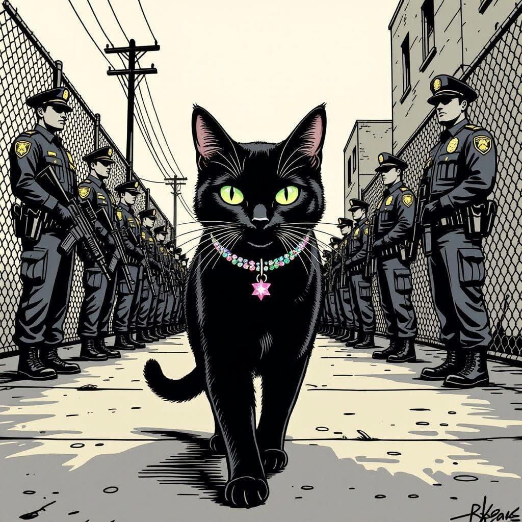 Confident Black Cat Walks Past Police K-9s in Urban Streets