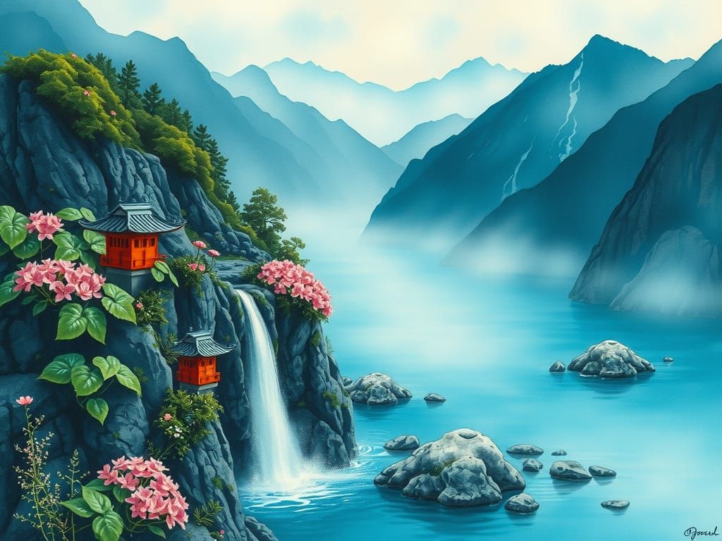 Turquoise Japanese Landscape in Mixed Media Style