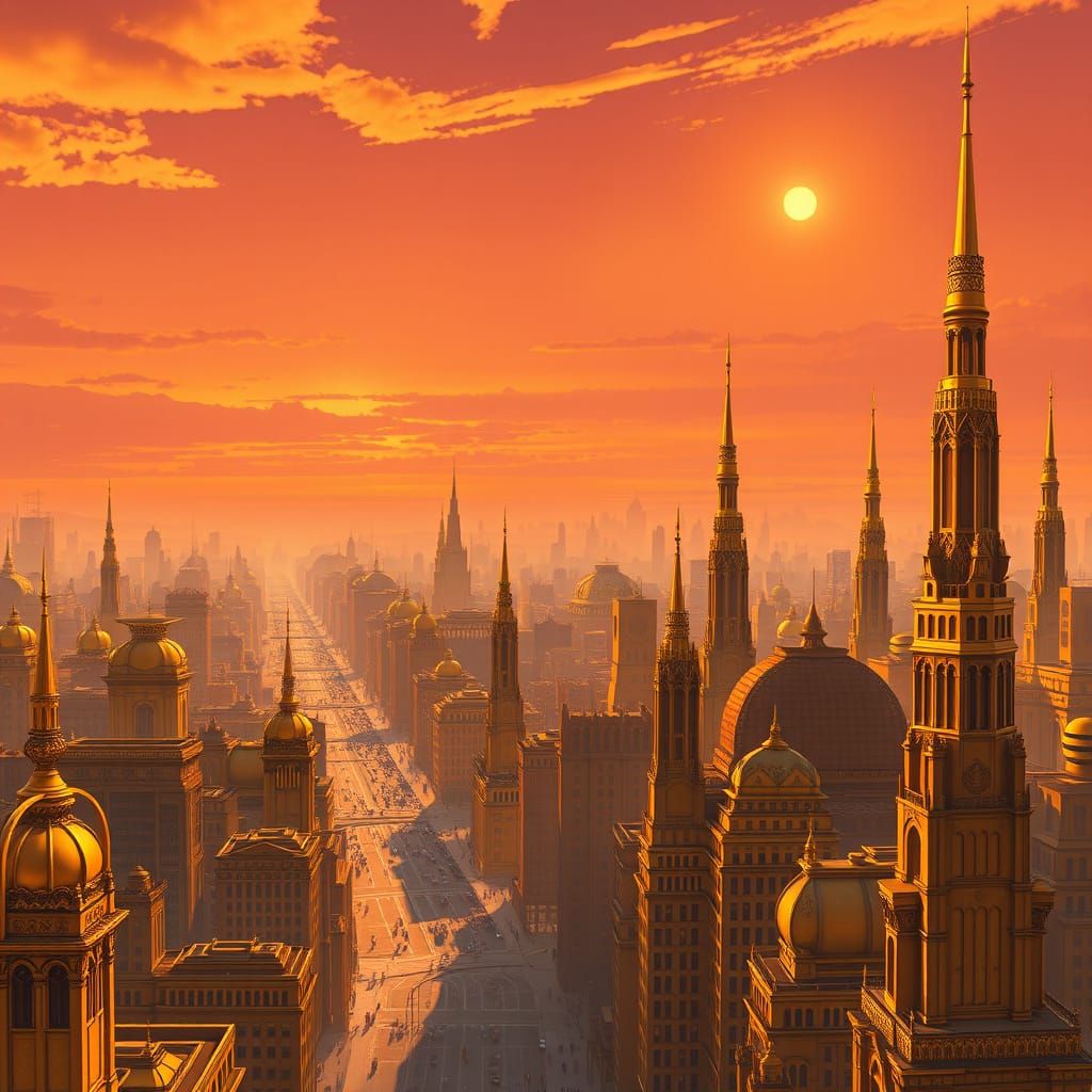 Golden City Vista at Sunset in Art Deco Style