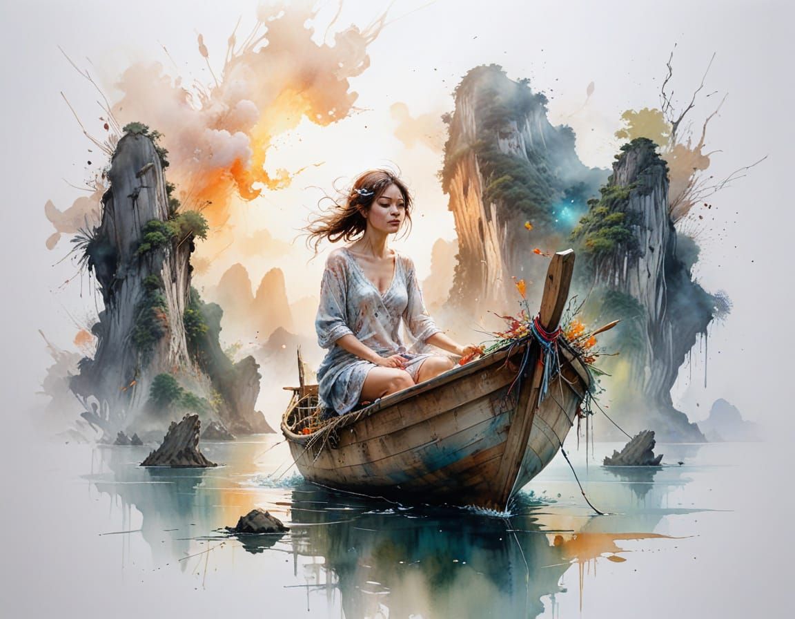 Fishing Boat in Ha Long Bay Under Cosmic Sky