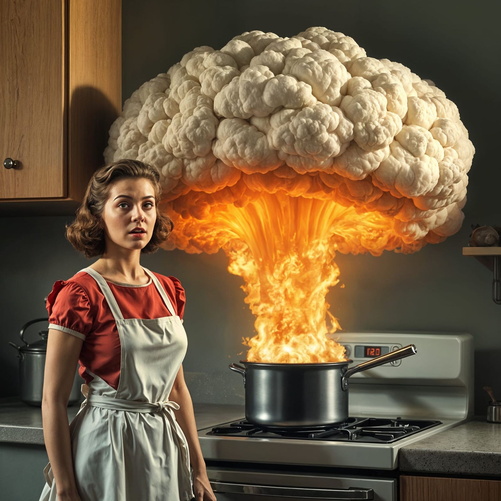 Woman in Retro Kitchen Amidst Atomic Mushroom Cloud