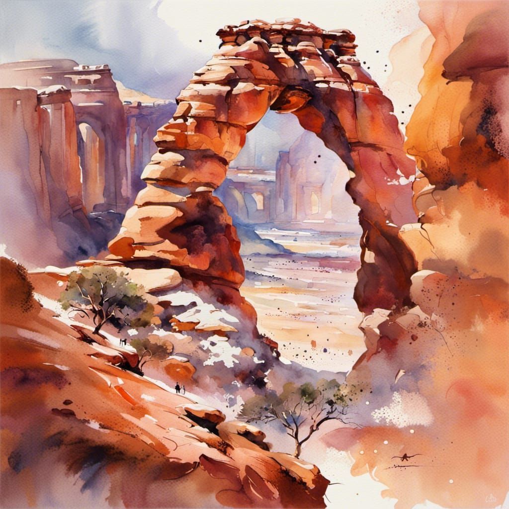 Delicate Arch Painting in Surrealist Watercolor Style