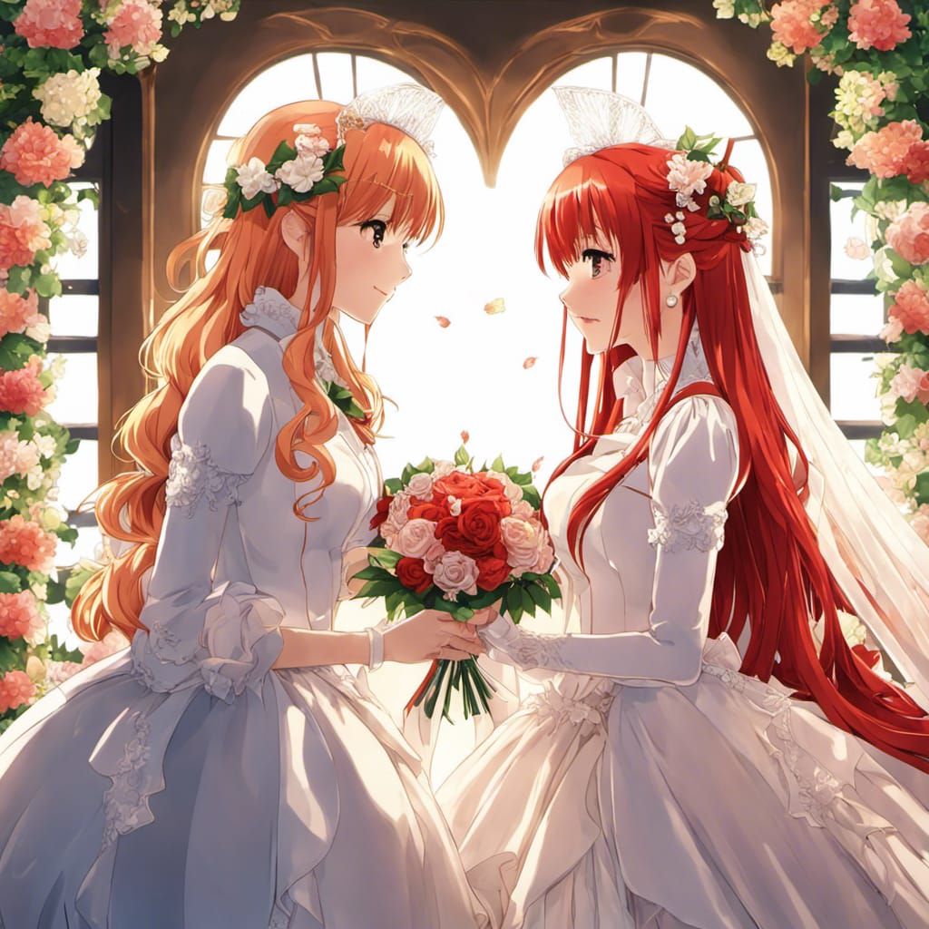 Anime Girls' Wedding: Red and Blonde Hair
