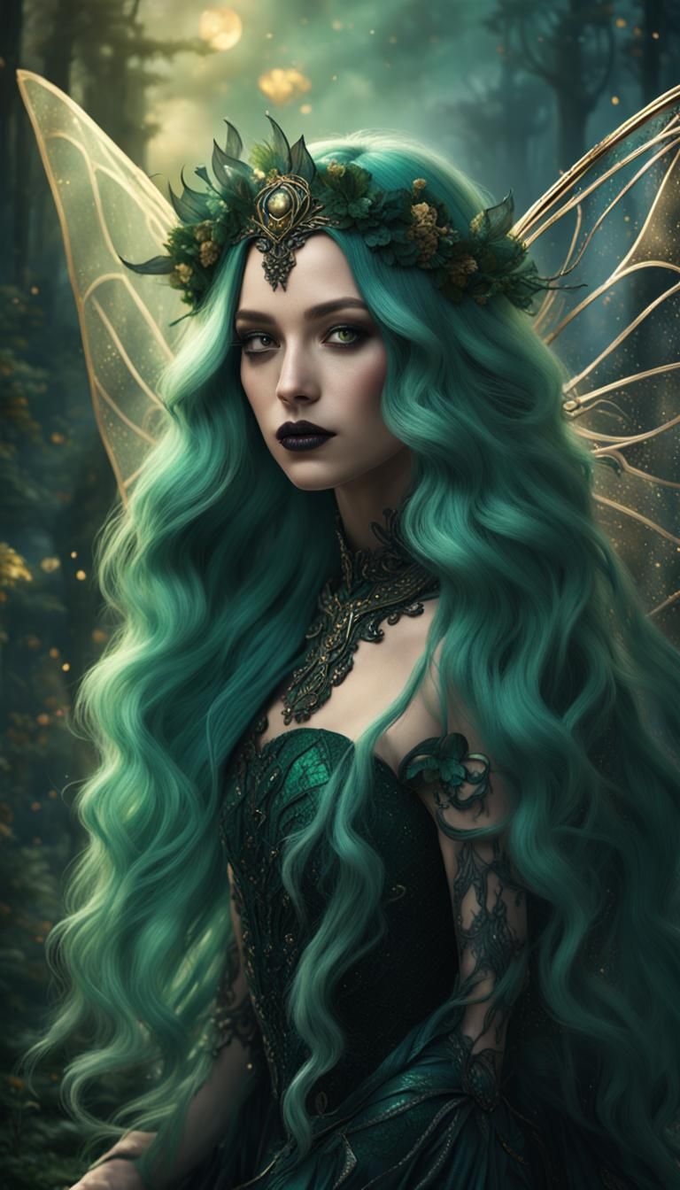 Curvy Fairy Portrait with Green Hair and Wings