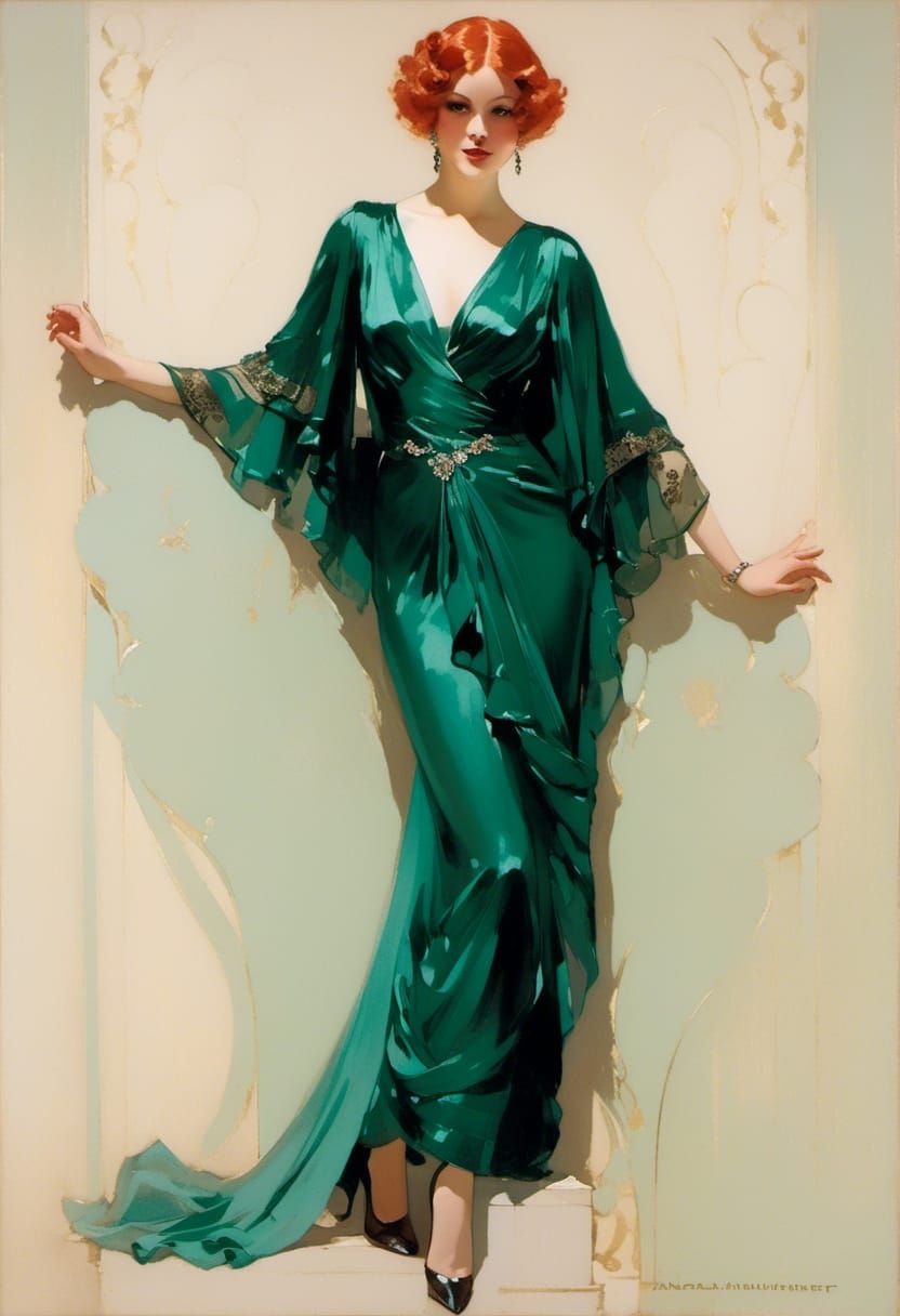 Elegant Redhead in 1930s Gown, Surreal Vignette
