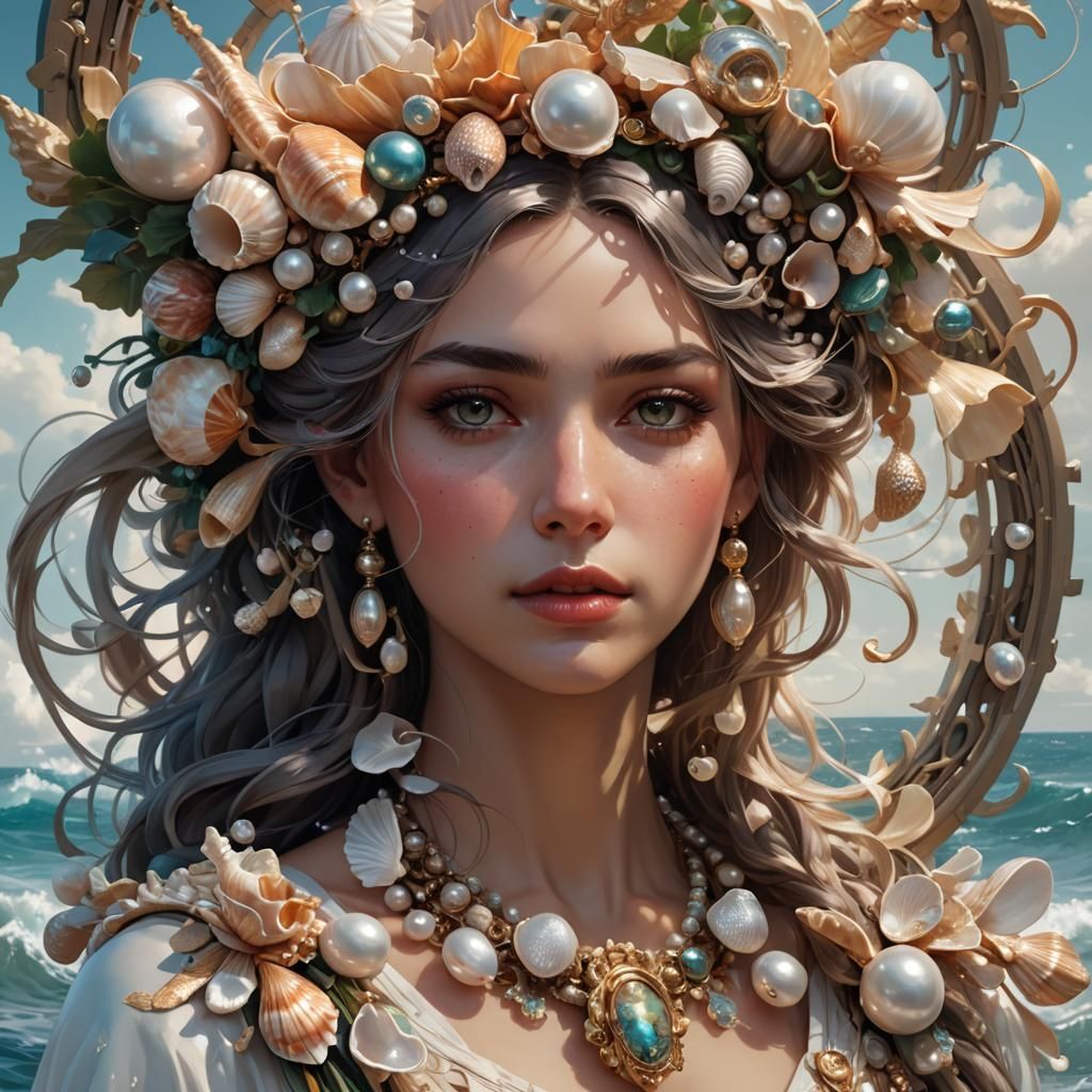Sea Goddess Portrait with Shells and Pearls