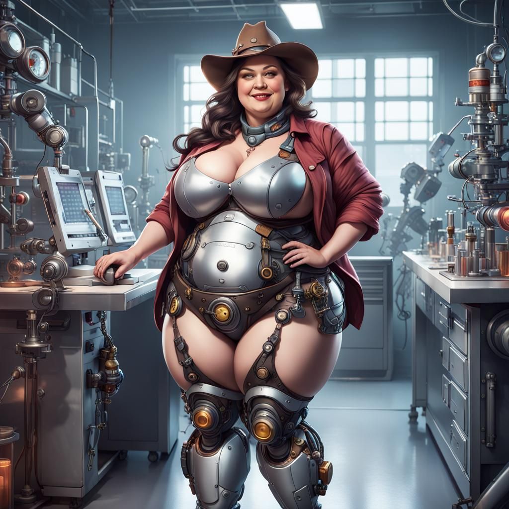 Elaborate Chubby Scientist in Robot Lab, Digital Art