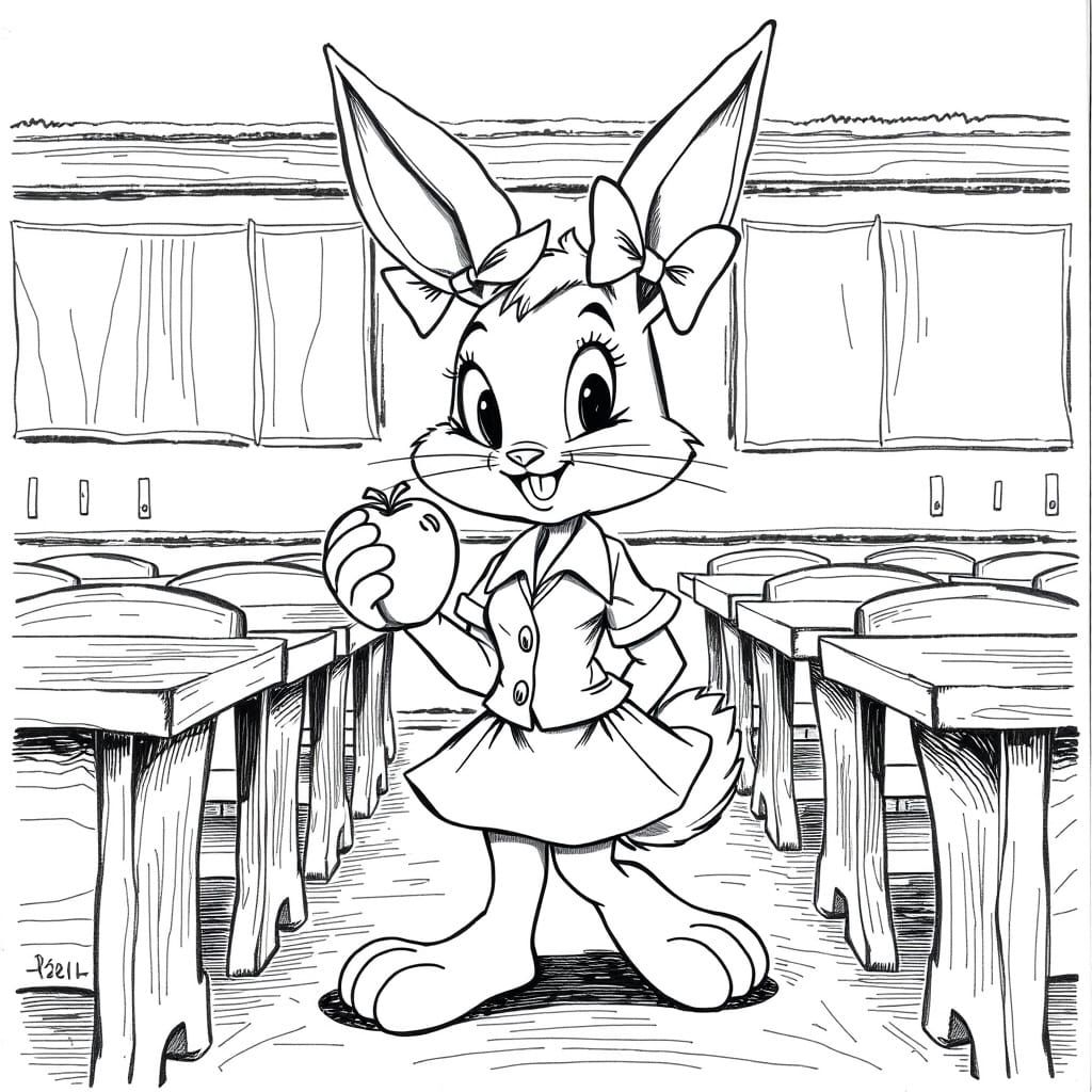 Cute Looney Tunes Girl Holds Apple in Ink Drawing