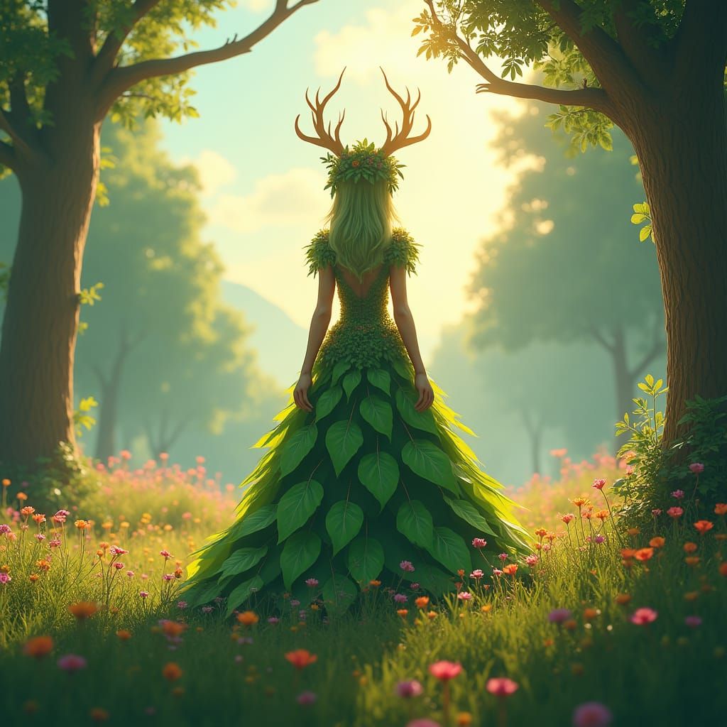 Giant Leafy Princess in Lush Meadow, Fantasy Art