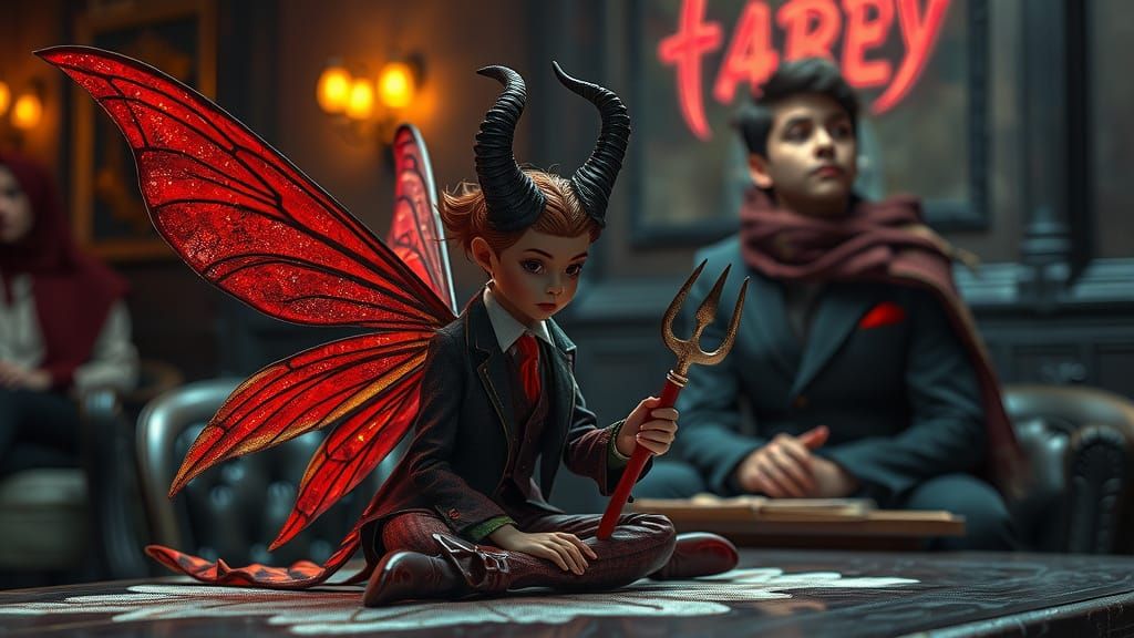 Red Horned Fairy in Zoot Suit, Alcohol Ink Art