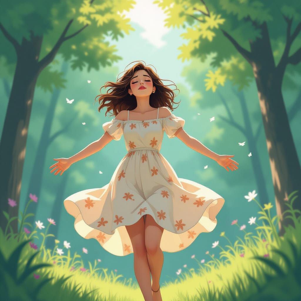Woman Falling Through Dreamlike Forest, Loish Style