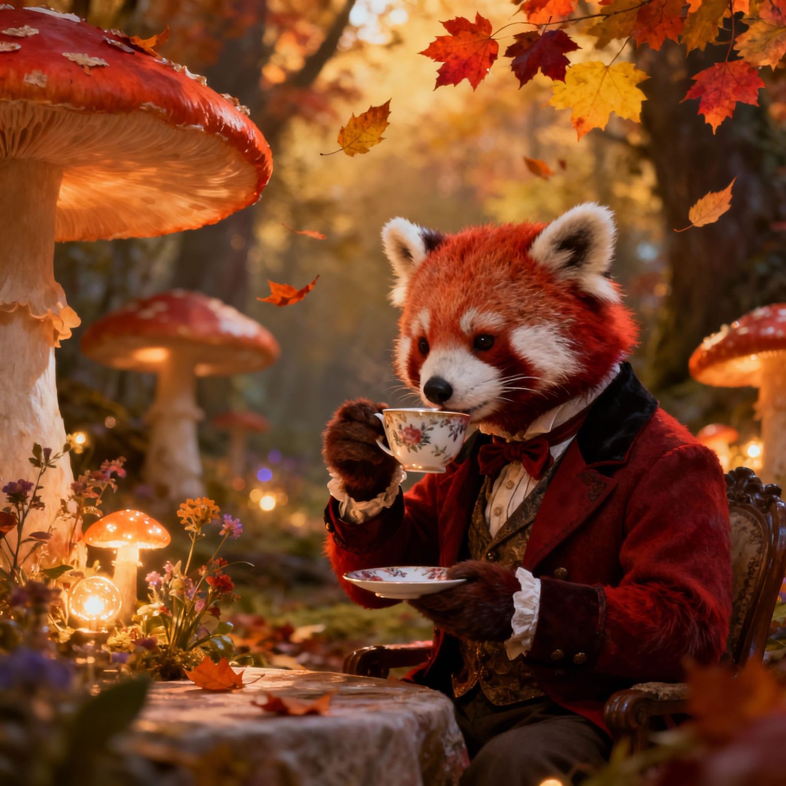 Victorian Red Panda Sips Tea in Enchanted Forest