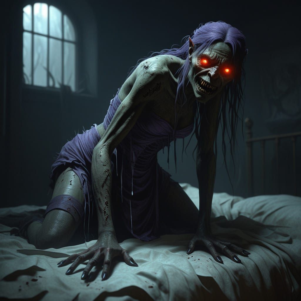 Tormented Woman Cornered by Grotesque Creature in Dark Bedro...